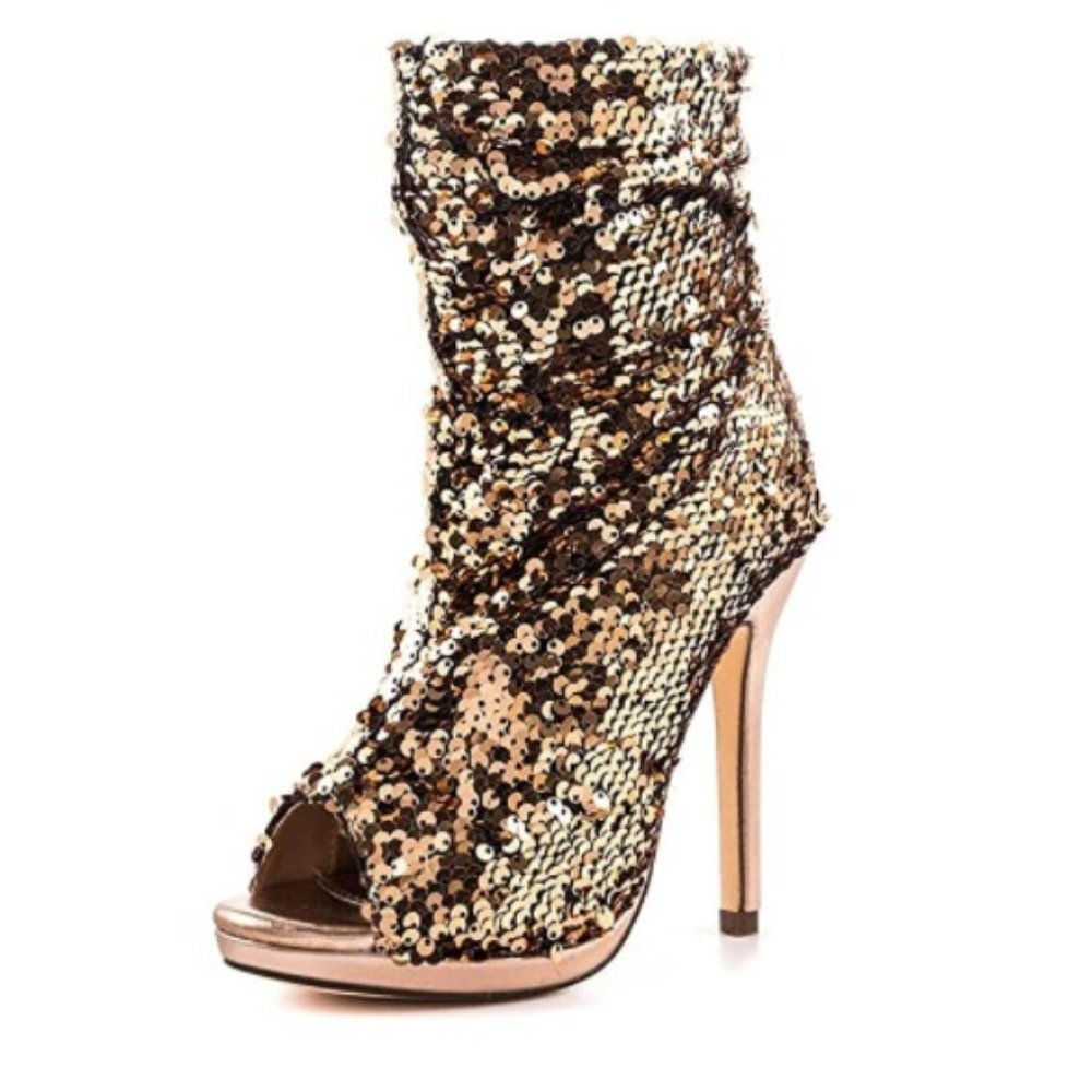 XYD Rose Gold Peep Toe Sequins High Heel Zip Up Ankle Boots Evening Booties